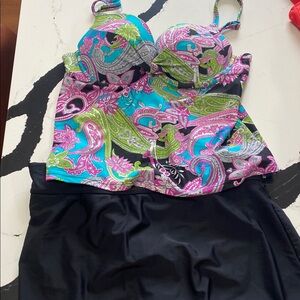 Colorful Paisley Tankini Top with Black Bottom